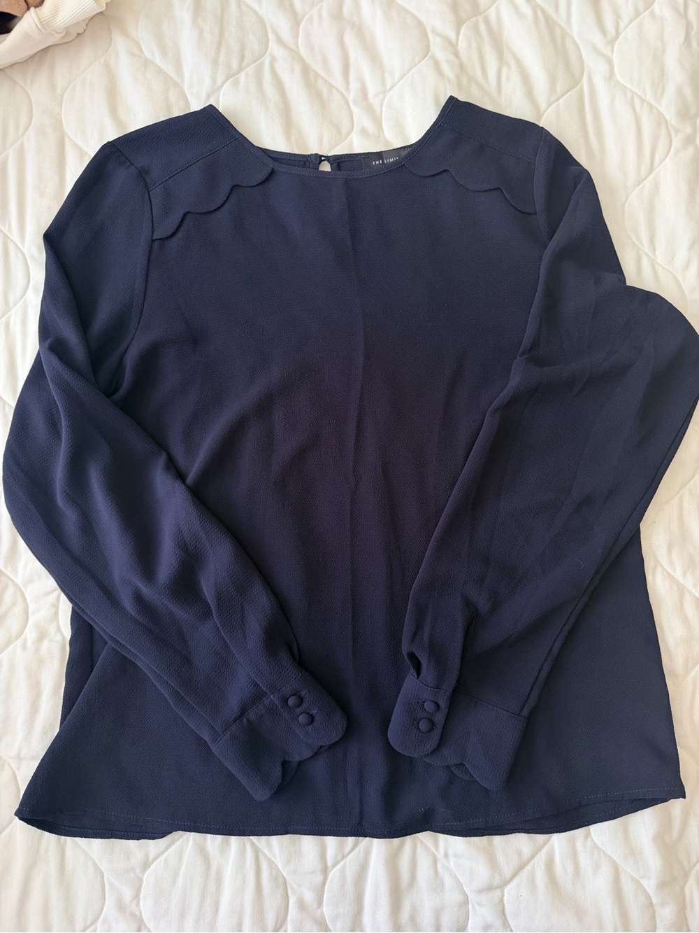 Navy Scallop-Detail Long-Sleeve Blouse